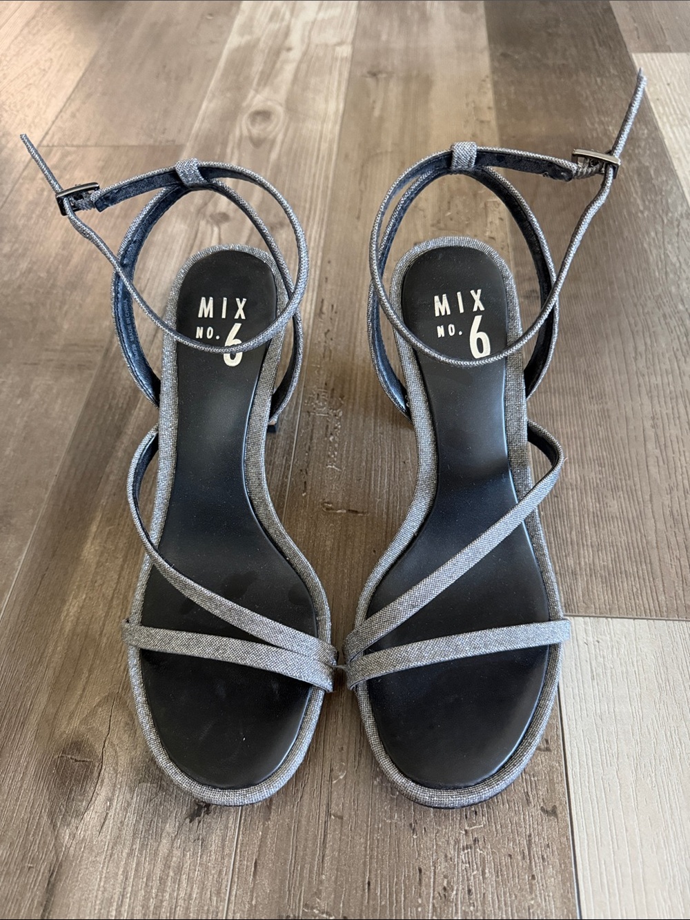 Mix No. 6 Metallic Gray Strappy Ankle-Wrap Heels